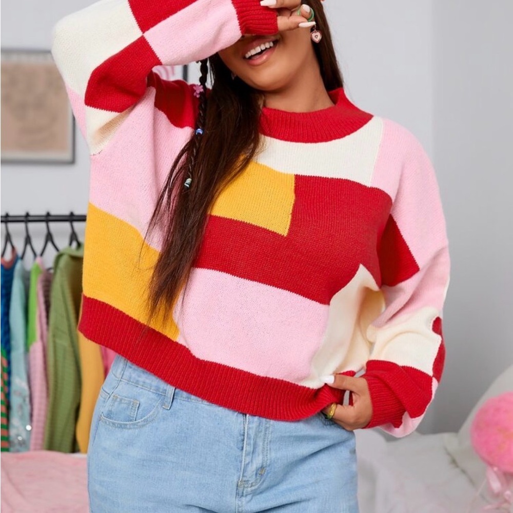 Cropped Color Block Mod Sweater